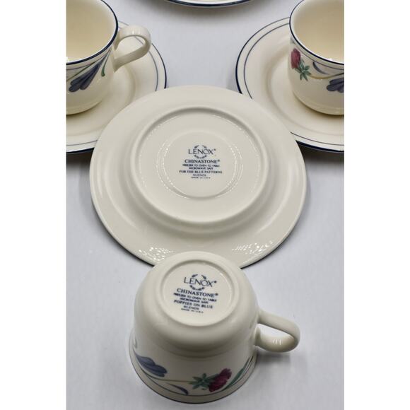 Y2K Coffee or Tea Flat Cup & Saucer 12pc Set Poppies On Blue by LENOX - Picture 4 of 12